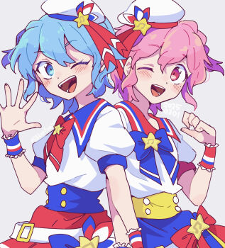 1boy 1girl ;d back-to-back blue_eyes blue_hair blue_sailor_collar blue_skirt braid brother_and_sister crossdressing dorothy_west hand_up hat highres idol_clothes looking_at_viewer mole mole_under_eye nojima_minami one_eye_closed open_hand open_mouth pink_eyes pink_hair pretty_series pripara puffy_short_sleeves puffy_sleeves red_ribbon red_sailor_collar red_skirt reona_west ribbon sailor_collar shirt short_hair short_sleeves siblings side_braid skirt smile star_(symbol) trap twins white_hat white_shirt wrist_cuffs