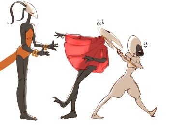 3girls absurdres anger_vein arthropod_girl austinarts black_skin cane cloak colored_skin height_difference highres holding holding_cane hollow_eyes hollow_knight hollow_knight:_silksong horned_mask hornet_(hollow_knight) jealous lace_(hollow_knight) leaning_back mask multiple_girls pulling red_cloak shakra_(hollow_knight) walking white_background