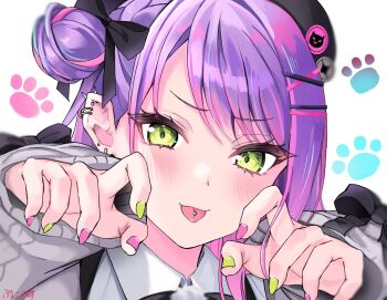 1girl beret black_bow black_hat blush bow claw_pose close-up collared_shirt ear_piercing green_eyes green_nails hair_bun hair_ornament hairclip hat hololive long_sleeves looking_at_viewer multicolored_hair parallel_hairclips piercing pink_nails punikasu purple_hair shirt swept_bangs tokoyami_towa tongue tongue_out tongue_piercing two-tone_hair x_hair_ornament