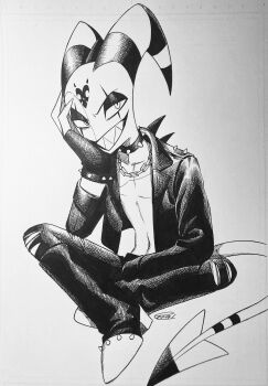 1boy :d absurdres ballpoint_pen_(medium) blitzo_(helluva_boss) boots bracelet chain chain_necklace choker collarbone commentary_request crosshatching demon_boy demon_horns demon_tail eyeshadow facial_mark fingerless_gloves forehead_mark full_body gloves grey_background greyscale grin hand_on_own_cheek hand_on_own_face hand_up hatching_(texture) hellaverse helluva_boss high_contrast high_heel_boots high_heels highres horns indian_style jacket jewelry knee_boots knees_apart_feet_together lapels long_sleeves looking_at_viewer makeup male_focus menma_(enaic31) monochrome multicolored_horns navel necklace no_shirt notched_lapels open_clothes open_jacket open_mouth pants pen_(medium) scar_across_eyes sharp_teeth signature simple_background sitting smile solo spiked_bracelet spiked_choker spikes striped_horns tail teeth traditional_media two-tone_horns