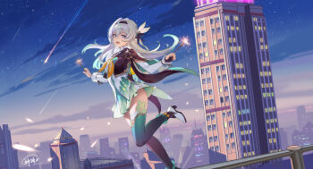 1girl :d absurdres black_hairband black_jacket black_thighhighs blue_eyes blue_sky blue_thighhighs boots building cityscape cloud cloudy_sky collared_shirt commentary_request cropped_jacket dated firefly_(honkai:_star_rail) fireworks floating_hair from_side god_hunter gradient_legwear green_skirt grey_hair hair_between_eyes hair_intakes hairband high_heel_boots high_heels highres holding holding_fireworks honkai:_star_rail honkai_(series) jacket long_hair long_sleeves looking_at_viewer multicolored_eyes neckerchief night open_mouth orange_neckerchief outdoors pink_eyes pleated_skirt railing revision shirt shooting_star sidelocks signature skirt sky skyscraper smile solo sparkler spotlight thighhighs two-tone_eyes white_boots white_shirt zettai_ryouiki