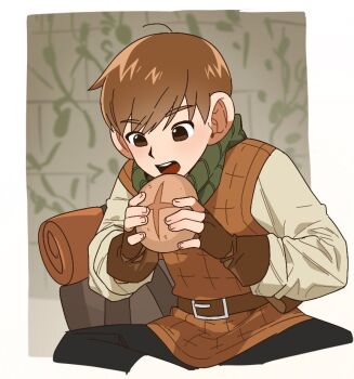1boy bread brown_eyes brown_gloves brown_hair chilchuck_tims commentary_request dungeon_meshi eating fingerless_gloves food gloves green_scarf holding holding_food korean_commentary loose_hair_strand male_focus scarf sitting solo taejo_(taejo68)