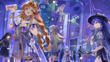 Rule 34 | 2boys, 6+girls, abby (wuthering waves), absurdres, aemeath (wuthering waves), arcade cabinet, black gloves, black hair, black hat, black jacket, blonde hair, braid, breasts, bridal gauntlets, candy, chinese commentary, chisa (wuthering waves), closed mouth, commentary request, earrings, food, gloves, green eyes, hands up, hat, highres, holding, holding candy, holding food, holding ticket, indoors, jacket, jewelry, long hair, looking to the side, lucilla (wuthering waves), luuk herssen (wuthering waves), lynae (wuthering waves), male rover (perpetual spark) (wuthering waves), male rover (wuthering waves), medium breasts, mornye (wuthering waves), multicolored jacket, multiple boys, multiple braids, multiple girls, open mouth, orange hair, purple eyes, purple hair, purple jacket, purple shorts, rover (wuthering waves), shorts, sideways glance, sigrika (wuthering waves), smile, soliskin (wuthering waves), ticket, two-tone jacket, veil, white bridal gauntlets, white jacket, white veil, wuthering waves, yilubixi