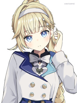 Rule 34 | 1girl, absurdres, adjusting hair, arata ryou, blonde hair, bow, bowtie, buttons, closed mouth, commentary request, double-breasted, hair ornament, hairband, hanabusa lisa, hand up, head tilt, highres, jacket, long hair, long sleeves, looking at viewer, ponytail, single hair intake, sleeve cuffs, solo, virtual youtuber, vspo!, white bow, white bowtie, white hairband, white jacket