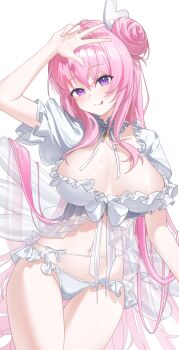 1girl 762807438 :q absurdres arm_up bikini blush breasts breasts_apart closed_mouth collar commentary dorothy_(nikke) dorothy_(serendipity)_(nikke) fake_wings frilled_bikini frilled_collar frilled_sleeves frills goddess_of_victory:_nikke groin hair_between_eyes hair_bun hair_ornament highres inflatable_wings long_hair looking_at_viewer navel neck_ribbon official_alternate_costume pink_hair puffy_short_sleeves puffy_sleeves purple_eyes ribbon see-through_bikini see-through_clothes short_sleeves sidelocks simple_background single_side_bun smile solo standing stomach swimsuit thigh_gap tongue tongue_out transparent_wings very_long_hair w white_background white_bikini white_collar white_ribbon white_wings wing_hair_ornament wings