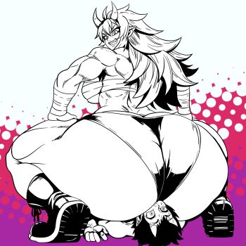 1boy 1girl 2025 absurdres abyx3 asphyxiation ass ass_focus bandaged_arm bandages black_boots black_hair black_shorts boots breasts commentary commission constricted_pupils curvy demon_boy demon_girl demon_horns dimples_of_venus english_commentary femdom full_body grin hair_between_eyes highres horns huge_ass large_breasts lineart long_hair looking_at_another looking_back messy_hair monster_boy monster_girl muscular muscular_female muscular_legs oni original patterned_background pointy_ears sarashi short_hair shorts sideboob sitting sitting_on_person size_difference smile squatting struggling tall_female thick_thighs thighs topless_male underboob v-shaped_eyebrows wide_hips