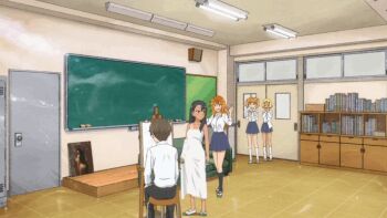 1boy animated animated_gif classroom easel embarrassed from_behind gif_artifacts grabbing_another's_breast groping ijiranaide_nagatoro-san modeling multiple_girls nagatoro_hayase nude_modeling paintbrush sitting standing studio tan tanline towel