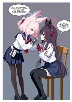 2girls absurdres animal_ear_fluff animal_ears applying_makeup black_gloves black_shoes black_thighhighs blue_archive blue_eyes blue_halo blue_sailor_collar blue_skirt blush border brown_hair brown_pantyhose chair english_text fingerless_gloves fox_ears fox_girl from_side full_body furrowed_brow gloves grey_background hair_between_eyes hair_ribbon half_updo halo hands_up hashtag-only_commentary highres leaning_forward loafers long_hair long_sleeves looking_at_another medium_hair melissa_v2 miniskirt multiple_girls neckerchief niko_(blue_archive) on_chair open_mouth pantyhose pink_hair pleated_skirt ponytail profile red_eyes red_gloves red_halo red_neckerchief red_ribbon ribbon sailor_collar school_uniform serafuku shirt shoes short_ponytail sidelocks simple_background sitting skirt speech_bubble standing straight_hair tactical_school_uniform thighhighs tsurime very_long_hair white_border white_shirt yukino_(blue_archive) zettai_ryouiki