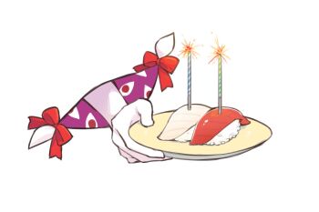 1girl bow commentary fireworks fish_(food) food gap_(touhou) gloves holding holding_plate itatatata nigirizushi out_of_frame plate red_bow solo sparkler sushi touhou white_background white_gloves yakumo_yukari