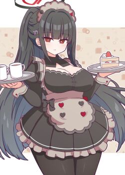 1girl alternate_costume apron black_bow black_dress black_halo black_pantyhose blue_archive blunt_bangs bow breasts bright_pupils brown_background cake circle cleavage cleavage_cutout clothing_cutout coffee commentary_request cowboy_shot cup dress enmaided food frilled_dress frills grey_apron hair_ornament halo heart highres holding holding_tray juliet_sleeves kashimu large_breasts legs_together long_hair long_sleeves maid maid_apron maid_headdress mug multicolored_halo pantyhose parted_lips ponytail puffy_sleeves red_eyes red_halo ringed_eyes rio_(blue_archive) solo square strawberry_shortcake tray triangle two-tone_halo waist_apron white_pupils wide_hips wide_ponytail