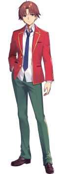 1boy advanced_nurturing_high_school_uniform ayanokouji_kiyotaka blazer blue_necktie brown_eyes brown_hair brown_shoes closed_mouth collared_shirt expressionless full_body green_pants hand_in_pocket highres jacket loafers long_sleeves looking_at_viewer male_focus necktie official_art open_clothes open_jacket pants red_jacket school_uniform shirt shoes simple_background solo standing tachi-e translation_request white_shirt youkoso_jitsuryoku_shijou_shugi_no_kyoushitsu_e
