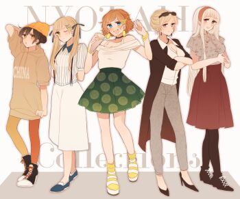 5girls america_(female)_(hetalia) america_(hetalia) arm_up arms_behind_back axis_powers_hetalia bangle bare_shoulders bead_necklace beads black_boots black_choker black_jacket black_pantyhose black_ribbon black_shoes blonde_hair blue_eyes blue_shoes blush boots bracelet breasts brown_hair brown_hoodie buttons china_(female)_(hetalia) china_(hetalia) choker cleavage closed_mouth clothes_writing collarbone collared_shirt commentary_request crossed_arms double_bun earrings eyewear_on_head floral_print food food_print france_(female)_(hetalia) france_(hetalia) fruit_print full_body genderswap genderswap_(mtf) green_eyes green_skirt grey_pants grey_shirt hair_bun hair_ornament hair_ribbon hairband hands_up hat high-waist_skirt high_heels holding holding_food hood hoodie jacket jewelry lemon_print long_hair long_sleeves looking_at_viewer medium_breasts mismatched_pants multiple_girls necklace ninonuko off-shoulder_shirt off_shoulder one_eye_closed open_clothes open_jacket open_mouth orange_hair orange_hat orange_pants pants pantyhose pink_hairband puffy_long_sleeves puffy_short_sleeves puffy_sleeves purple_eyes red_skirt ribbon russia_(female)_(hetalia) russia_(hetalia) sandals shirt shoes short_hair short_sleeves sidelocks skirt smile socks standing star_(symbol) star_hair_ornament striped_clothes striped_shirt sunglasses suspenders t-shirt text_background twintails united_kingdom_(female)_(hetalia) united_kingdom_(hetalia) v-shaped_eyebrows white_background white_hair white_pants white_sandals white_shirt x_hair_ornament yellow_eyes yellow_pants yellow_socks
