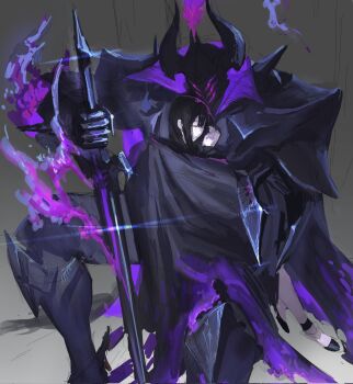 Rule 34 | 1boy, 1girl, armor, black cape, black hair, cape, commentary, facing another, fake horns, fire, full body, glowing, glowing eyes, gradient background, grey background, hand up, helmet, highres, holding, holding sword, holding weapon, horned helmet, horns, leaning on person, leviair, long hair, male focus, original, purple eyes, purple fire, sidelocks, simple background, sitting, sitting on lap, sitting on person, sleeping, sword, symbol-only commentary, torn cape, torn clothes, weapon