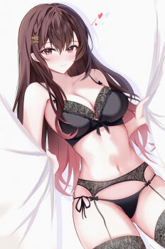 1girl absurdres bare_shoulders black_bra black_panties black_thighhighs blush bra breasts brown_eyes brown_hair cleavage closed_mouth collarbone commentary_request curtain_grab curtains dutch_angle garter_straps gradient_hair hair_between_eyes hair_intakes hair_ornament heart highres lacia large_breasts lingerie long_hair looking_at_viewer multicolored_hair navel original panties pink_hair side-tie_panties sidelocks simple_background smile solo standing stomach thighhighs underwear underwear_only very_long_hair white_background