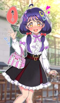 1girl ahoge bag black_skirt blurry blurry_background blush bow bowtie carrying casual center_frills commentary day depth_of_field dress_shirt elbow_carry frilled_skirt frills hair_bow hair_ornament hair_over_shoulder hairclip handbag heart high-waist_skirt highres kaatsu_katsurou long_hair long_sleeves looking_at_viewer low_twintails miniskirt open_mouth orange_eyes outdoors precure purple_hair red_bow red_bowtie shirt skirt smile solo standing suzumura_sango translated tropical-rouge!_precure twintails waving white_shirt