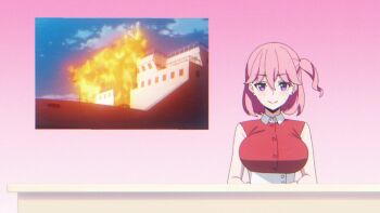 1girl animated anime_screenshot blue_eyes blush bouncing_breasts breasts earrings highres implied_sex jewelry large_breasts nukigee_mitai_na_shima_ni_sunderu_watashi_wa_dou_surya_ii_desu_ka? one_side_up pink_hair pink_shirt sexually_suggestive shirt sleeveless sound subtitled tagme video