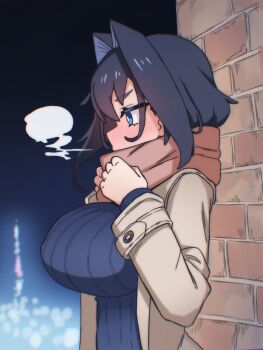 1girl alternate_costume black_hair blue_eyes blue_hair blush breasts brick_wall brown_coat city city_lights coat eshinvale hair_intakes highres hololive hololive_english large_breasts medium_hair ouro_kronii scarf solo sweater underbust virtual_youtuber