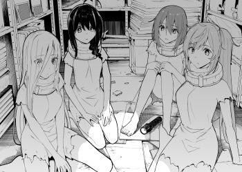 4girls ahoge alternate_hairstyle braid close-up collar comic commentary flashlight greyscale highres kantai_collection long_hair masukuza_j medium_hair monochrome multiple_girls murasame_(kancolle) prisoner shigure_(kancolle) shiratsuyu_(kancolle) slave torn_clothes twintails two-page_spread yuudachi_(kancolle)