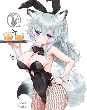 1girl animal_ear_fluff animal_ears backless_leotard bare_shoulders black_leotard black_tail blush breasts cleavage closed_mouth collar commentary_request cowboy_shot detached_collar fake_animal_ears fake_tail fishnet_pantyhose fishnets fox_ears fox_girl fox_tail gradient_tail grey_hair grey_tail hair_between_eyes hand_on_own_hip hand_up highleg highleg_leotard highres holding holding_tray kei_kei large_breasts leotard long_hair looking_at_viewer original pantyhose playboy_bunny purple_eyes rabbit_ears rabbit_tail side-tie_leotard signature simple_background solo tail tray very_long_hair white_background white_collar white_wrist_cuffs wrist_cuffs