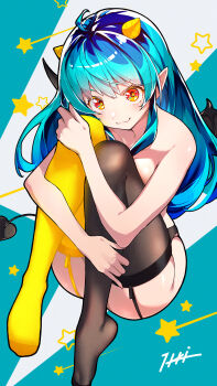 1girl absurdres black_thighhighs black_wings blue_hair demon_tail demon_wings garter_straps highres horns hugging_own_legs itou_kazuki knees_up long_hair lum mismatched_thighhighs solo tail thighhighs urusei_yatsura wings yellow_eyes yellow_horns yellow_thighhighs