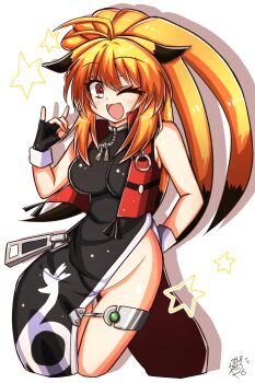 1girl ;d ahoge animal_ears blonde_hair breasts china_dress chinese_clothes dress fingerless_gloves gloves highres long_hair medium_breasts multicolored_hair namco_x_capcom one_eye_closed open_mouth pelvic_curtain ponytail project_x_zone project_x_zone_2 red_eyes smile solo star_(symbol) super_robot_wars super_robot_wars_og_saga_mugen_no_frontier two-tone_hair vest white_background xiaomu