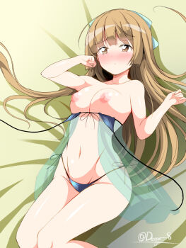 1girl aqua_bow bare_arms bare_legs bed_sheet bikini black_bikini blunt_bangs blush bow breasts brown_eyes brown_hair bush closed_mouth collarbone commentary_request deego_(omochi_bazooka) dot_mouth hair_bow highres idolmaster idolmaster_cinderella_girls inverted_nipples long_hair lying navel nipples on_back small_breasts solo swimsuit thighs twitter_username variant_set very_long_hair yorita_yoshino