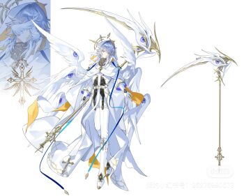 1boy alternate_costume angel_wings arms_at_sides black_corset black_shirt blue_pupils blue_ribbon boots cloak closed_mouth coat commentary corset covered_eyes cross earrings extra_eyes eye_symbol eyes_on_wings facing_to_the_side feathered_wings fold-over_boots full_body gloves gold_earrings gold_trim grey_hair hair_between_eyes halo halo_behind_head hashtag-only_commentary head_wings highres holding holding_scythe holding_weapon honkai:_star_rail honkai_(series) hood hood_up hooded_cloak jewelry latin_cross long_sleeves looking_at_viewer male_focus medium_hair multiple_wings open_hand pants parted_lips reverse_grip ribbon scythe shirt simple_background solo spiked_halo standing sunday_(honkai:_star_rail) thigh_strap thorn_print three-quarter_sleeves turtleneck turtleneck_shirt two-sided_cloak two-sided_fabric two-sided_sleeves weapon white_background white_boots white_cloak white_coat white_gloves white_pants white_wings wings wings_over_eyes yellow_cloak yellow_eyes yigenzhen26389 zoom_layer