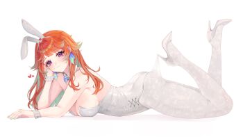 1girl absurdres animal_ears bow bowtie commentary fake_animal_ears hashtag-only_commentary heart high_heels highres hololive hololive_english hooked_on_heel lace_pantyhose lace_pantyhose_hooked_on_heel_(meme) leotard long_hair looking_at_viewer lying meme on_stomach orange_eyes orange_hair pantyhose playboy_bunny pwequu rabbit_ears simple_background smile solo takanashi_kiara white_background white_leotard white_pantyhose white_wrist_cuffs wrist_cuffs