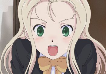 1girl black_jacket blonde_hair blush bow drill_hair girls_und_panzer green_eyes highres indoors jacket long_hair looking_at_viewer marie_(girls_und_panzer) mito_(mitotank) open_mouth scene_reference shirt smile solo suzumiya_haruhi suzumiya_haruhi_no_yuuutsu teeth upper_body upper_teeth_only white_shirt yellow_bow