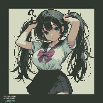 1girl ? arms_up artist_name black_hair black_skirt blue_eyes blue_sailor_collar blunt_bangs bow bowtie breasts closed_mouth commentary_request confused expressionless highres holding holding_own_hair large_breasts long_hair looking_at_viewer original pixel_art pleated_skirt red_bow red_bowtie sailor_collar school_uniform serafuku shirt shirt_tucked_in short_sleeves skirt solo specialhanako twintails white_shirt