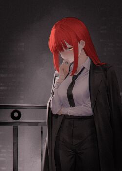 1girl absurdres arm_up black_jacket black_pants business_suit chainsaw_man closed_mouth cowboy_shot formal_clothes hair_over_one_eye highres jacket long_hair looking_at_viewer makima_(chainsaw_man) necktie orianareii pants red_hair shirt solo solo_focus suit white_shirt yellow_eyes