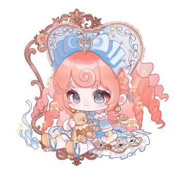 1girl :3 argyle_bonnet argyle_clothes argyle_sleeves blue_bonnet blue_bow blue_bowtie blue_dress blue_eyes blue_shoes blue_sleeves bonnet bow bowtie brooch character_profile chibi chinese_commentary classic_lolita closed_mouth collar commentary_request cross-laced_armwear curly_hair detached_collar detached_sleeves dress drill_hair earrings eeeestella eyelashes faewish_sprite flower footwear_bow fortissimo frilled_arm_warmers frilled_collar frilled_dress frilled_sleeves frills gold_earrings gown hair_bow hair_ornament hair_ribbon happy heart-shaped_bonnet high_heels highres holding holding_stuffed_toy hoop_earrings infinity_nikki jewelry lace-trimmed_headwear lace_trim leaf light_blush lolita_fashion long_dress long_hair looking_at_object multiple_hat_bows musical_note musical_note_hair_ornament nikki_(series) orange_hair pantyhose picture_frame pink_flower pink_rose puffy_short_sleeves puffy_sleeves pumps ribbon rose shoes short_sleeves simple_background sitting smile solo sparkling_eyes strapless strapless_dress stuffed_animal stuffed_toy tareme teddy_bear timeless_melody_(infinity_nikki) very_long_hair white_arm_warmers white_background white_bow white_collar white_pantyhose white_ribbon winding_key
