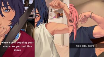 2girls biceps blue_eyes blue_hair flexing highres hololive hololive_english medium_hair mori_calliope multiple_girls muscular muscular_female ouro_kronii photo_background pink_hair red_eyes shirt skibidan t-shirt tiktok toned virtual_youtuber