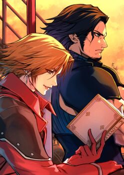 angeal_hewley armor artist_name beard black_hair blue_eyes book brown_hair chinstrap_beard closed_mouth coat crisis_core:_final_fantasy_vii earrings facial_hair final_fantasy final_fantasy_vii frown furrowed_brow genesis_rhapsodos gloves hair_between_eyes highres holding holding_book jewelry male_focus medium_hair mochi_mangaka parted_lips pauldrons red_coat red_gloves shoulder_armor sideburns sleeveless sleeveless_turtleneck smile turtleneck upper_body