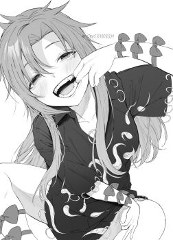 1girl arm_ribbon blush collarbone commentary_request dress fangs finger_in_own_mouth hair_between_eyes highres himemushi_momoyo long_hair looking_at_viewer meimei_(meimei89008309) monochrome open_mouth parted_bangs ribbon short_sleeves sitting smile solo teeth touhou twitter_username