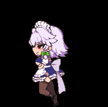 1girl adapted_costume animated animated_gif apron bouncing_breasts braid breasts chibi grey_hair izayoi_sakuya large_breasts maid maid_apron maid_headdress namako_daibakuhatsu pantyhose red_eyes running short_sleeves smile solo solo_focus thighhighs touhou twin_braids underboob waist_apron