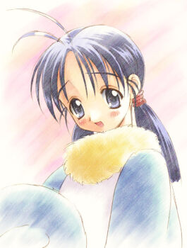 1girl animal_costume antenna_hair blue_eyes blue_hair goto_p hinayama_rio looking_at_viewer low_twintails medium_hair open_mouth penguin_costume smile solo to_heart to_heart_(series) twintails upper_body