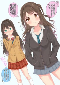 Rule 34 | 2girls, black cardigan, blazer, blush, bow, bowtie, brown eyes, brown hair, brown jacket, cardigan, closed mouth, cosplay, costume switch, diagonal-striped clothes, diagonal-striped necktie, green eyes, green necktie, hands in pockets, highres, idolmaster, idolmaster cinderella girls, jacket, long hair, long sleeves, looking at viewer, multiple girls, necktie, one side up, open collar, plaid clothes, plaid skirt, pleated skirt, red bow, red bowtie, red skirt, shibuya rin, shibuya rin (cosplay), shimamura uzuki, shimamura uzuki (cosplay), skirt, smile, speech bubble, standing, striped clothes, thought bubble, tktk135, translation request