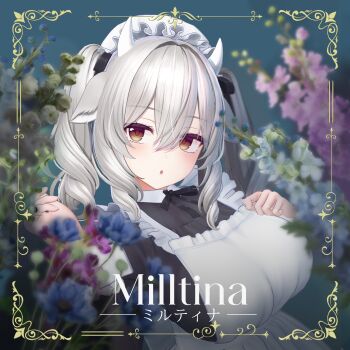1girl 3d absurdres apron black_dress breasts brown_hair commentary_request cow_girl cow_horns dolos dress flower grey_hair highres horns large_breasts looking_at_viewer maid maid_apron maid_headdress milltina_(vrchat) open_mouth solo twintails vrchat