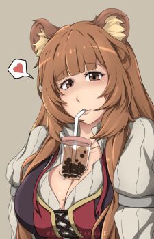1girl alternate_eye_color animal_ears bilingual_commentary black_dress blunt_bangs breasts brown_eyes brown_hair bubble_tea bubble_tea_challenge cleavage commentary dress drinking drinking_straw drinking_straw_in_mouth eyelashes fluff heart highres large_breasts long_hair long_sleeves looking_at_viewer meme metal_arm_cuffs mixed-language_commentary object_on_breast partially_open_dress pinstripe_dress pinstripe_pattern portrait raccoon_ears raccoon_girl raizo_takumi raphtalia red_dress sleeveless sleeveless_dress solo speech_bubble spoken_heart tate_no_yuusha_no_nariagari two-tone_dress white_dress