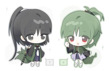 ! 2others :o adagumo_no_saragimaru adagumo_no_yaorochi androgynous artist_request black_hair black_kimono blue_hakama blue_shorts blunt_bangs blush_stickers bottle_opener capelet chibi chinese_commentary coat commentary_request commission double-parted_bangs expressionless floral_print green_capelet green_coat green_hair green_outline green_scarf green_vest grey_eyes grey_outline hair_between_eyes hair_ornament hair_scrunchie hakama hakama_skirt halftone happy heart high_ponytail highres holding holding_sword holding_weapon japanese_clothes jinbaori kimono len&#039;en light_blush long_hair long_sleeves medium_hair miniskirt multiple_others multiple_tails open_mouth other_focus outline parted_lips pleated_skirt pom_pom_(clothes) ponytail print_sleeves puffy_shorts purple_skirt red_eyes red_scarf scarf scrunchie second-party_source short_kimono short_ponytail shorts showgirl_skirt simple_background single_blush_sticker skirt sleeves_past_fingers sleeves_past_wrists snake_hair_ornament snake_tail socks sparkle speech_bubble split_ponytail spoken_exclamation_mark spoken_heart standing sword sword_of_kusanagi tail tasouken very_long_hair vest waving weapon white_background white_scrunchie white_socks wide_sleeves