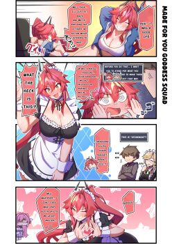 1boy 5girls @_@ ade_(nikke) apron bandaid bandaid_on_face bandaid_on_nose blonde_hair blue_jacket blush breasts chibi cleavage closed_eyes commander_(nikke) dorothy_(nikke) embarrassed glasses goddess_of_victory:_nikke heart heart_hands high_ponytail horns jacket large_breasts long_hair looking_at_viewer maid maid_apron maid_headdress military_uniform modernia_(first_affection)_(nikke) modernia_(nikke) multiple_girls one_eye_closed open_mouth osora_(judithandlilith) ponytail rapi_(nikke) red_hair red_hood_(nikke) short_sleeves speech_bubble tank_top translated wink wrist_cuffs yellow_eyes