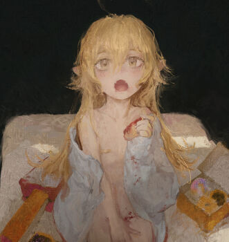 ambiguous_red_liquid arm_on_own_leg arm_out_of_sleeve bandaid bandaids_on_nipples black_background blonde_hair canvas_texture chunkyeggy clothes_down collarbone cowboy_shot donut dress_shirt fangs flat_chest food from_above groin hair_between_eyes hair_flaps hand_up highres holding holding_donut holding_food light_blush loli long_hair long_sleeves mattress monogatari_(series) naked_shirt nude open_clothes open_mouth open_shirt oshino_shinobu painterly pasties pastry_box shirt sidelocks sitting straight-on very_long_hair white_shirt yellow_eyes