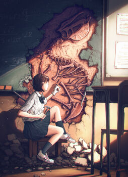 1girl absurdres black_skirt black_socks bow bowtie brown_hair bulletin_board chalkboard chisel classroom collared_shirt crack cracked_wall desk dilophosaurus dinosaur excavating fossil gloves hair_behind_ear hammer highres hiromumaru holding holding_chisel holding_hammer original pen pleated_skirt rock rubble school_desk school_uniform shirt shoes short_hair short_sleeves sitting skeleton skirt sneakers socks solo white_gloves white_shoes