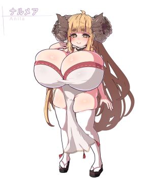 1girl ahoge anila_(granblue_fantasy) bare_shoulders blonde_hair blush breasts cameltoe draph dress english_text granblue_fantasy horns huge_breasts ioxat japanese_text long_hair no_panties sandals sheep_girl sheep_horns shortstack smile solo thick_eyebrows thick_thighs thighhighs thighs white_background white_dress white_thighhighs yellow_eyes