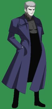 1boy black_coat black_skin coat colored_skin expressionless green_background grey_hair hands_in_pockets melty_blood melty_blood:_type_lumina nrvnqsr_chaos one_eye_closed open_clothes open_coat pale_skin parody pectorals pixel_art spdcooler standing style_parody trench_coat tsukihime tsukihime_(remake)