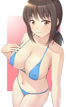Rule 34 | 1girl, bikini, breasts, brown eyes, brown hair, cleavage, covered erect nipples, highres, large breasts, looking at viewer, original, ponytail, smile, solo, swimsuit, thames3