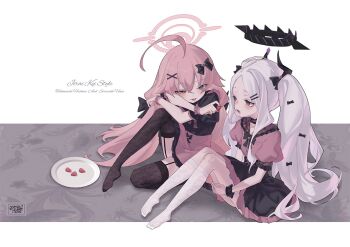 Rule 34 | 2girls, ahoge, alternate costume, black bow, black bowtie, black halo, black horns, black shirt, black skirt, black thighhighs, blue archive, blue eyes, blush, bow, bowtie, commentary, demon girl, demon horns, food, forehead, frilled shirt, frills, fruit, garter straps, hair between eyes, hair bow, hair ornament, hairclip, halo, heterochromia, high-waist skirt, hina (blue archive), holding, holding food, holding fruit, horns, hoshino (blue archive), huge ahoge, hugging own legs, jirai kei, lace socks, long hair, multiple girls, multiple horns, oninaart, open mouth, parallel hairclips, parted bangs, pink hair, pink halo, pink shirt, pink skirt, puffy short sleeves, puffy sleeves, purple eyes, shirt, short sleeves, sitting, skirt, socks, strawberry, symbol-only commentary, thighhighs, twintails, white hair, white socks, x hair ornament, yellow eyes
