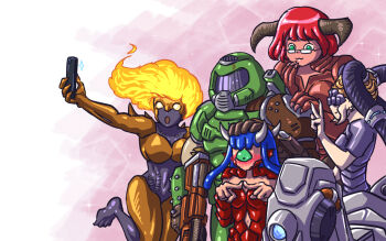 1boy 4girls baron_of_hell blonde_hair blue_hair blush breasts cacodemon cellphone colored_skin dark_skin demon_horns doom_(series) doom_eternal doom_i doomguy genderswap genderswap_(mtf) horns huge_weapon imp_(doom) long_hair multiple_girls personification phone pink_skin pov scales selfie smartphone spider_mastermind spikes substance20 weapon