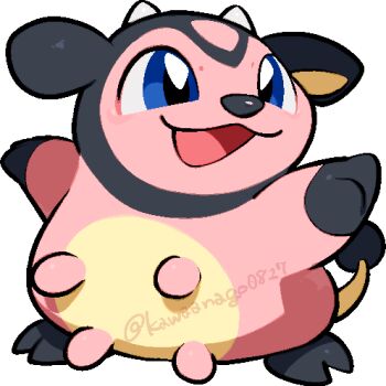 :3 blue_eyes chibi chibi_only commentary_request full_body gen_2_pokemon horns kawaanago lowres miltank nintendo no_humans open_mouth pokemon pokemon_(creature) pokemon_focus smile solo transparent_background twitter_username udder